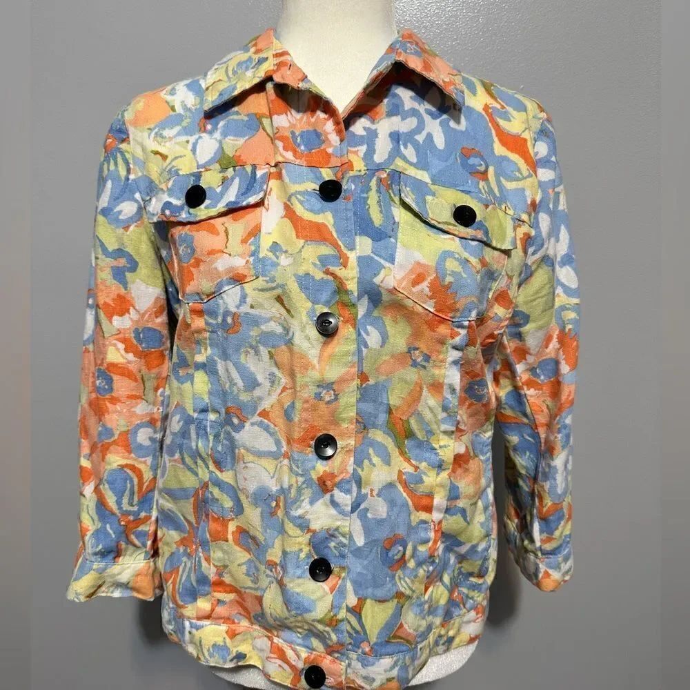 Choices Weekend Womens 100% Linen Jacket Size M Floral 3/4 Sleeve Pockets